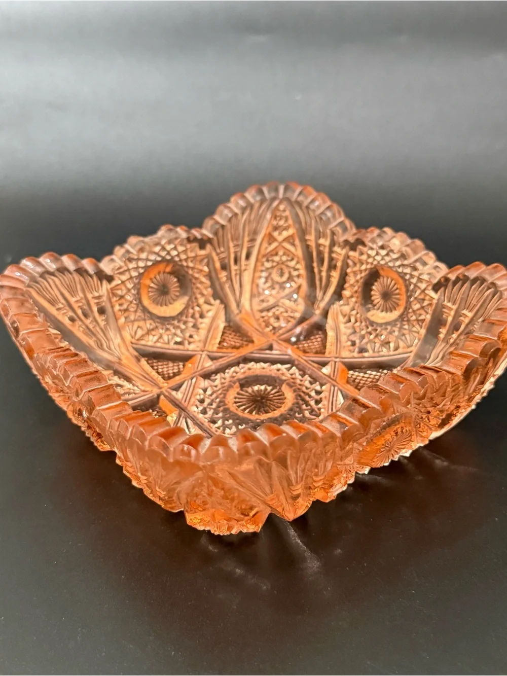 Vintage Salmon Pink Depression Pressed Glass Sawtooth Rim Square Candy Dish